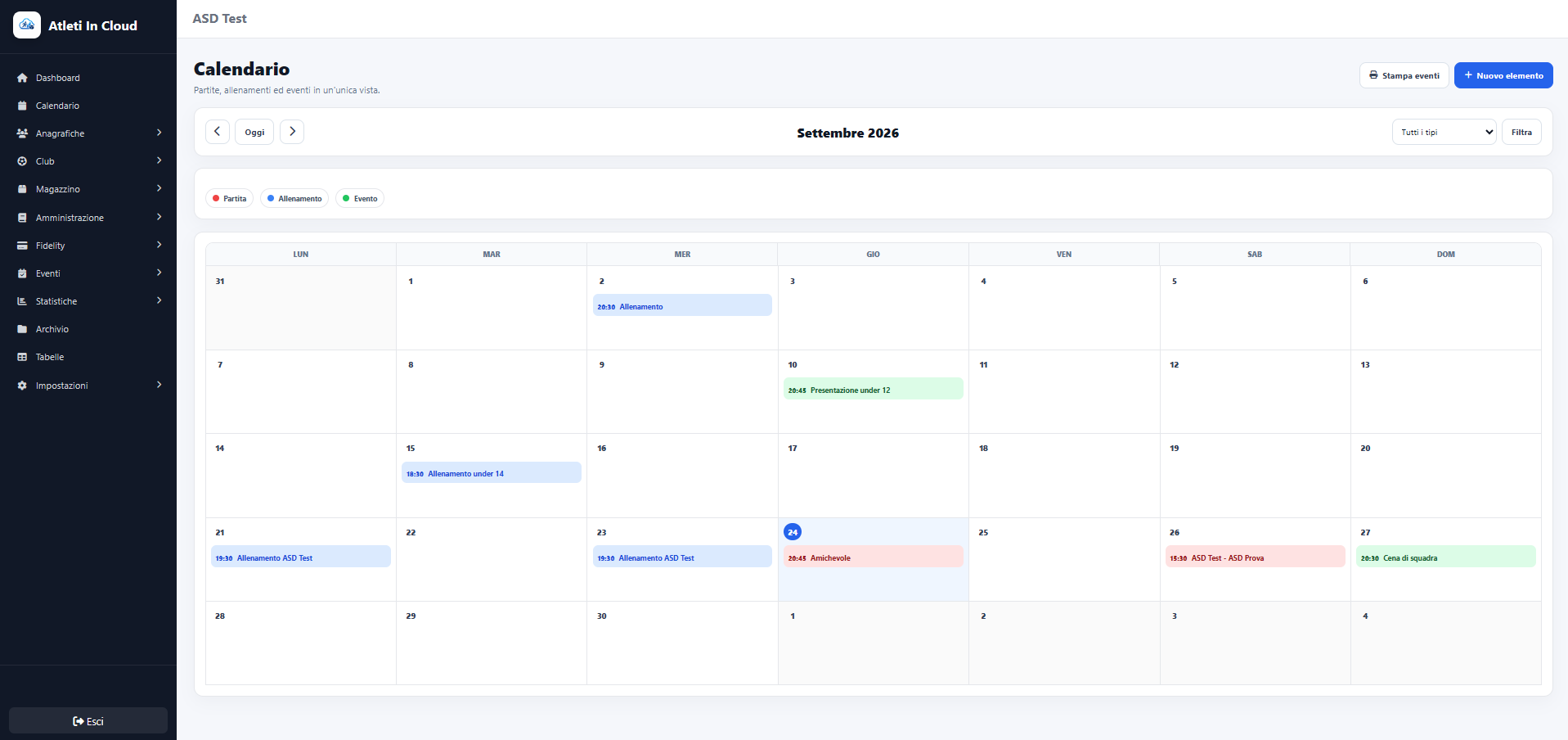 Calendario di Atleti in Cloud