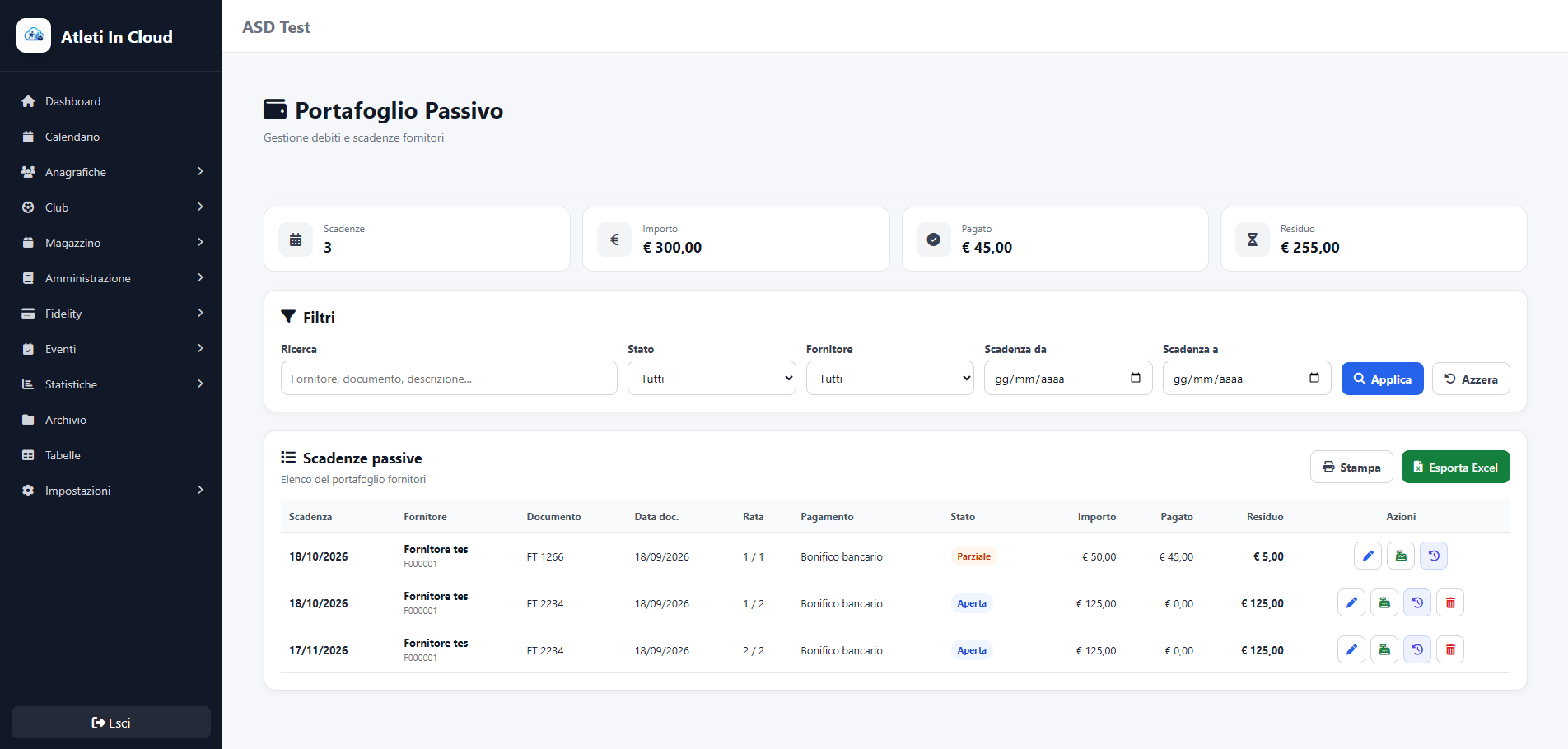 Gestione amministrativa e portafoglio di Atleti in Cloud